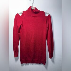 Three Dots Turtleneck Sweater exposed shoulder 100% merino wool Red XS NWOT
